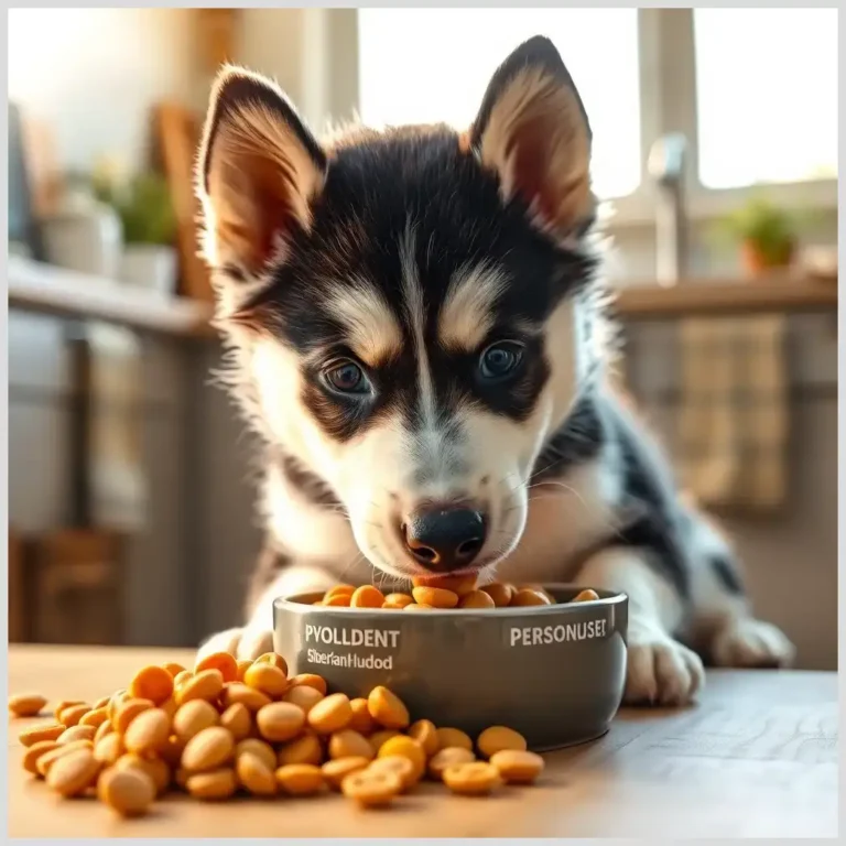 Cachorro husky comiendo pienso