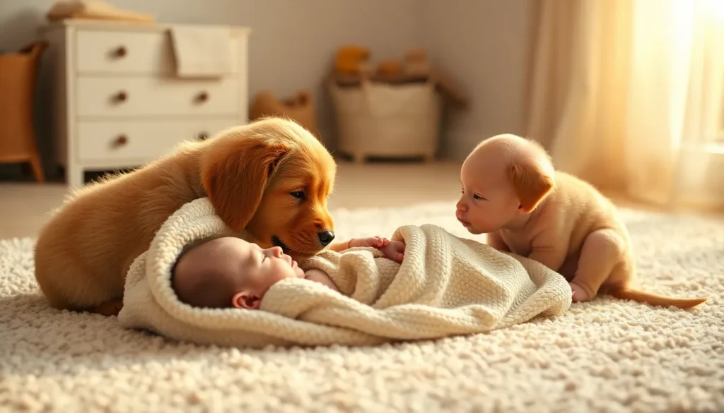 Perro olfatea bebé recién nacido